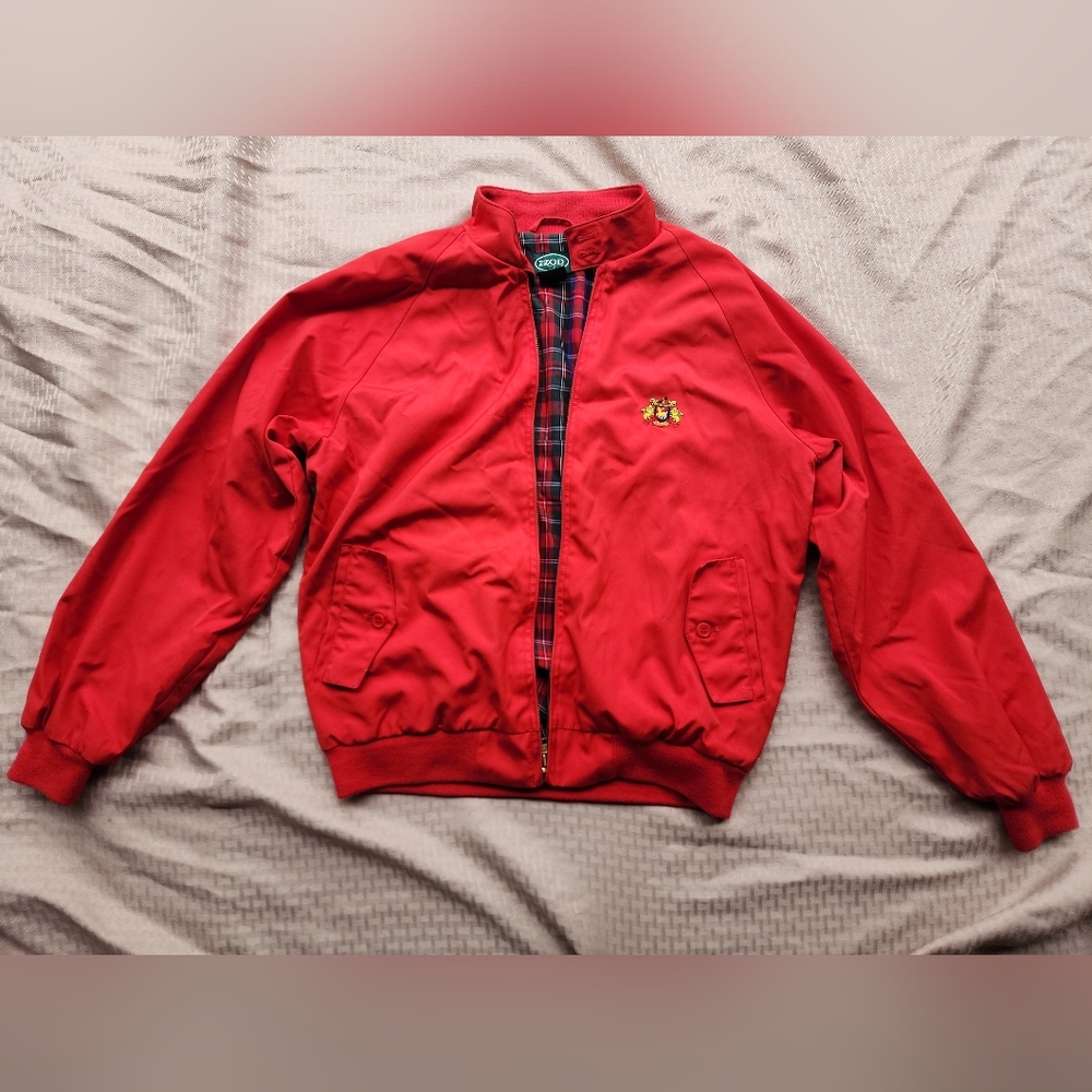 Red Vintage Izod Bomber Jacket Mens M Khaki Plaid Tartan Plaid Lining L
